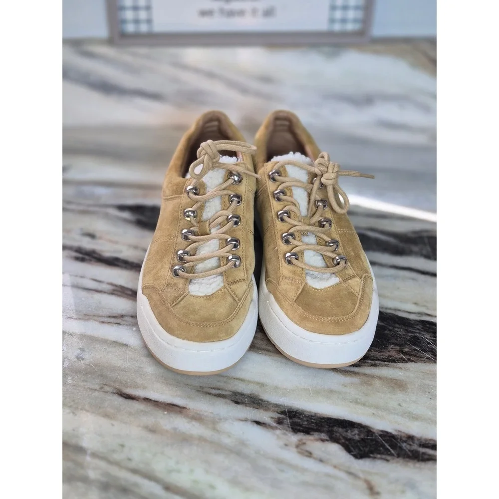 Marc Fisher LTD Maite Tan Suede Faux Fur Hiker Low Top Sneakers 8.5M MLMAITE